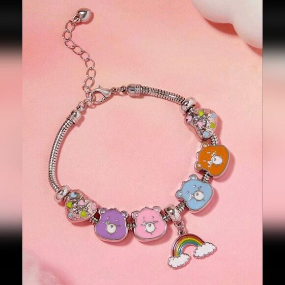Sterling Silver Plated Care Bear Themed Loaded Charm Bracelet Adjustable Design - Picture 1 of 6